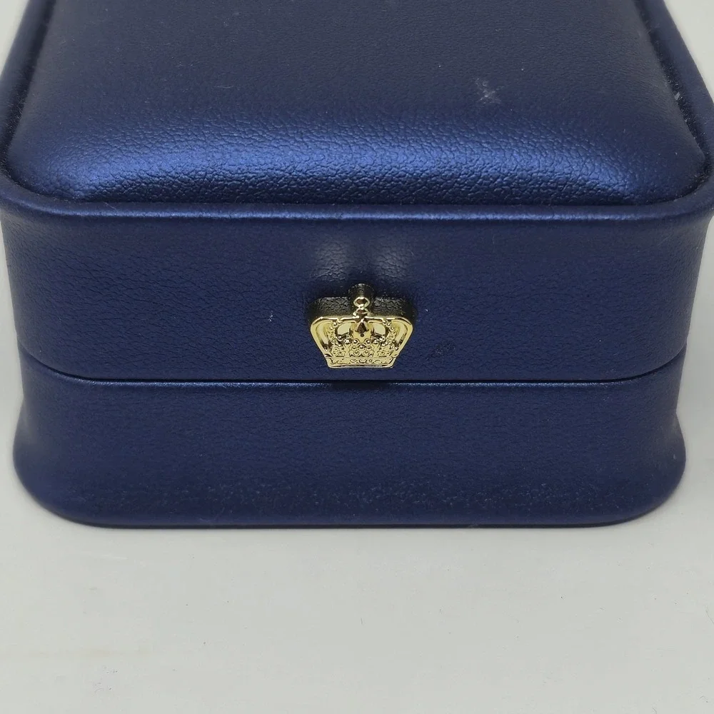 Blue Faux Leather Jewelry Gift Box Gold Crown Latch Ring Pendant Storage EMPTY
